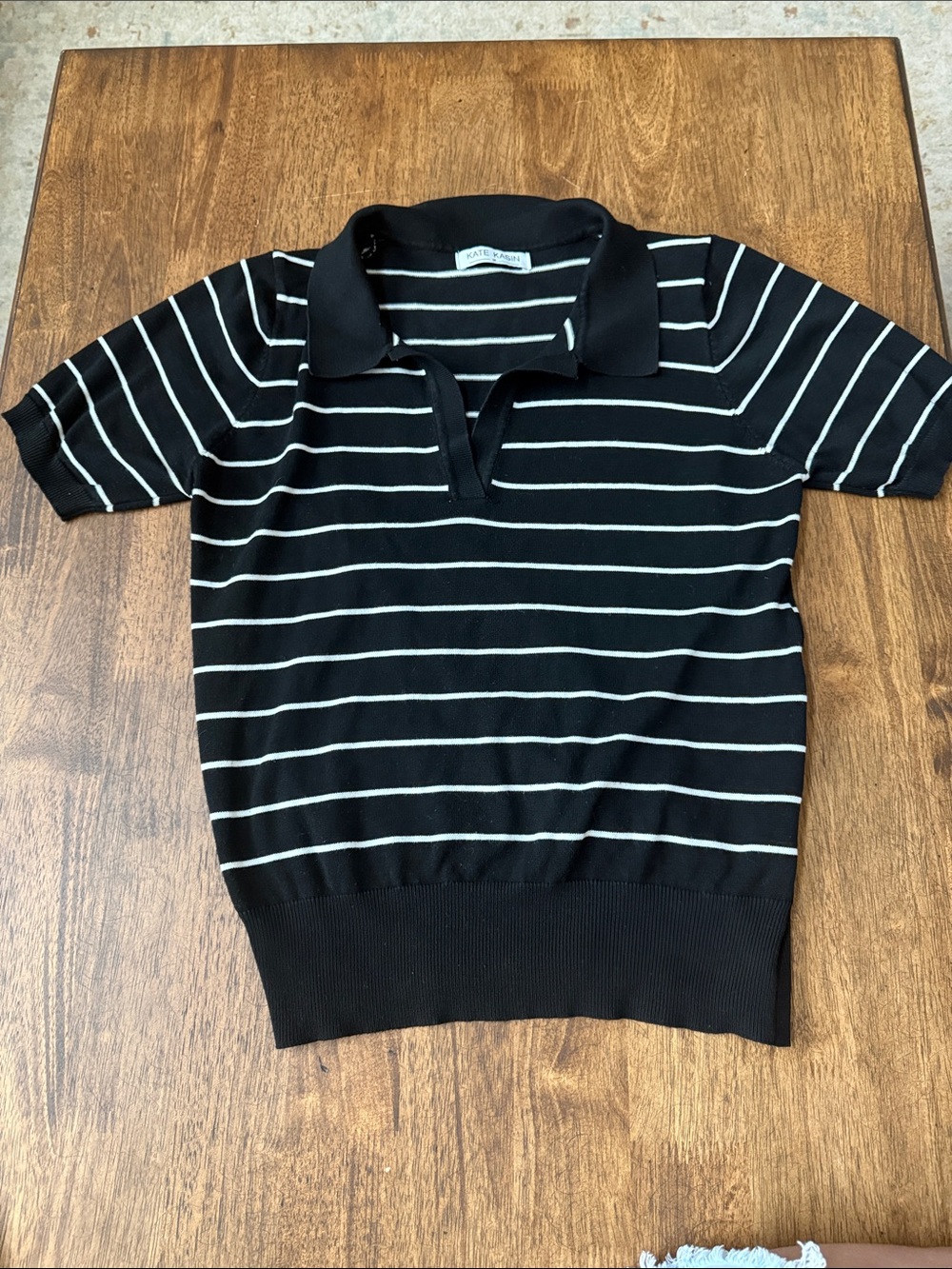 Kate Kasin Black and White Striped V-Neck Polo